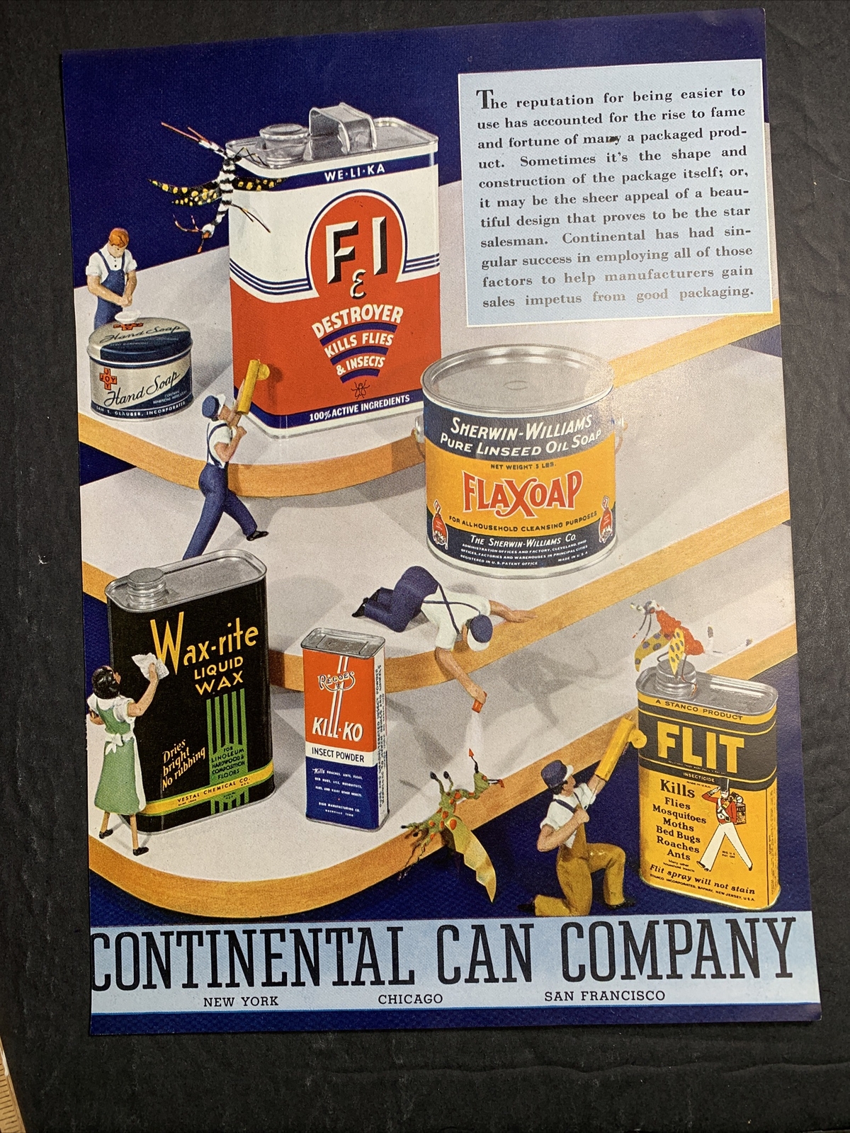 1936 Continental Can Co Advertising Tin Cans Flit Kill-ko Super Graphic Ad