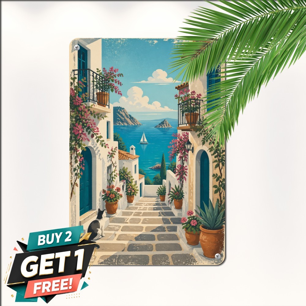 Mediterranean White Village Sea View Balcony Alley Art Plaque Metal Tin Sign