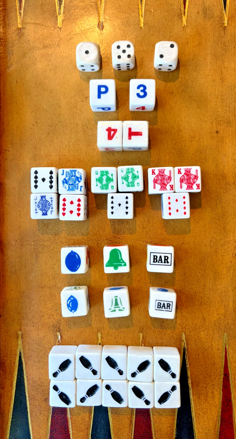 Vintage Mid Century Casino Dice Lot - 42 Pc Mega Set: Poker, Slot, Bowling, Wood