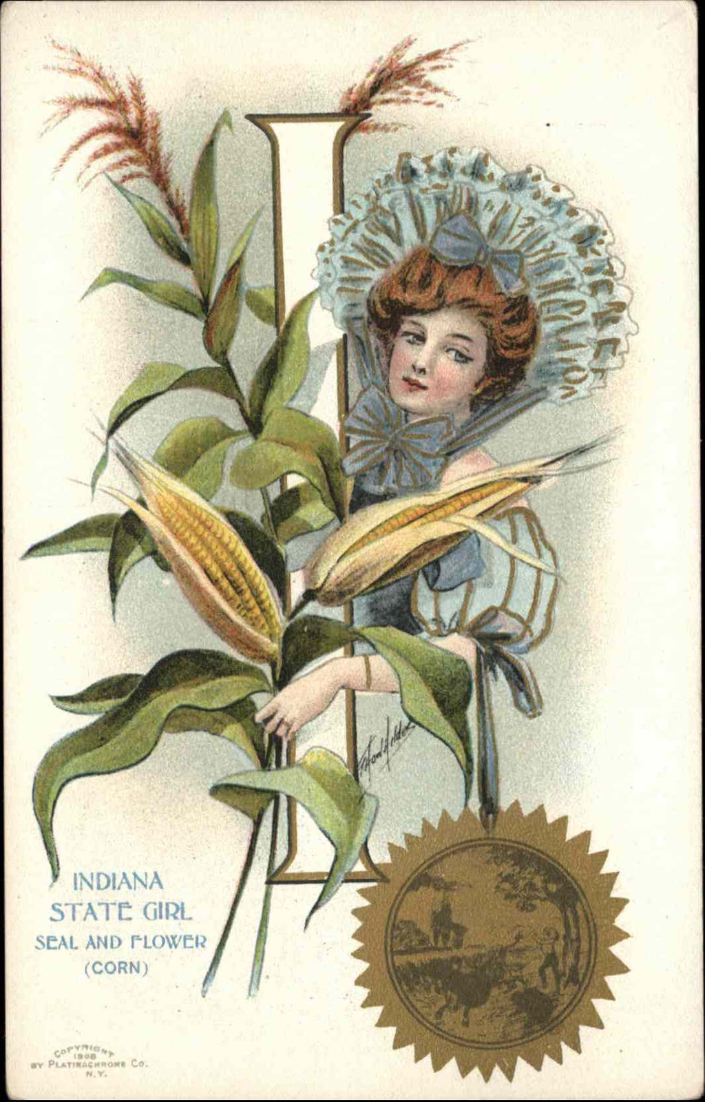 INDIANA IN STATE GIRL Large Letter Beautiful Woman Antique Postcard