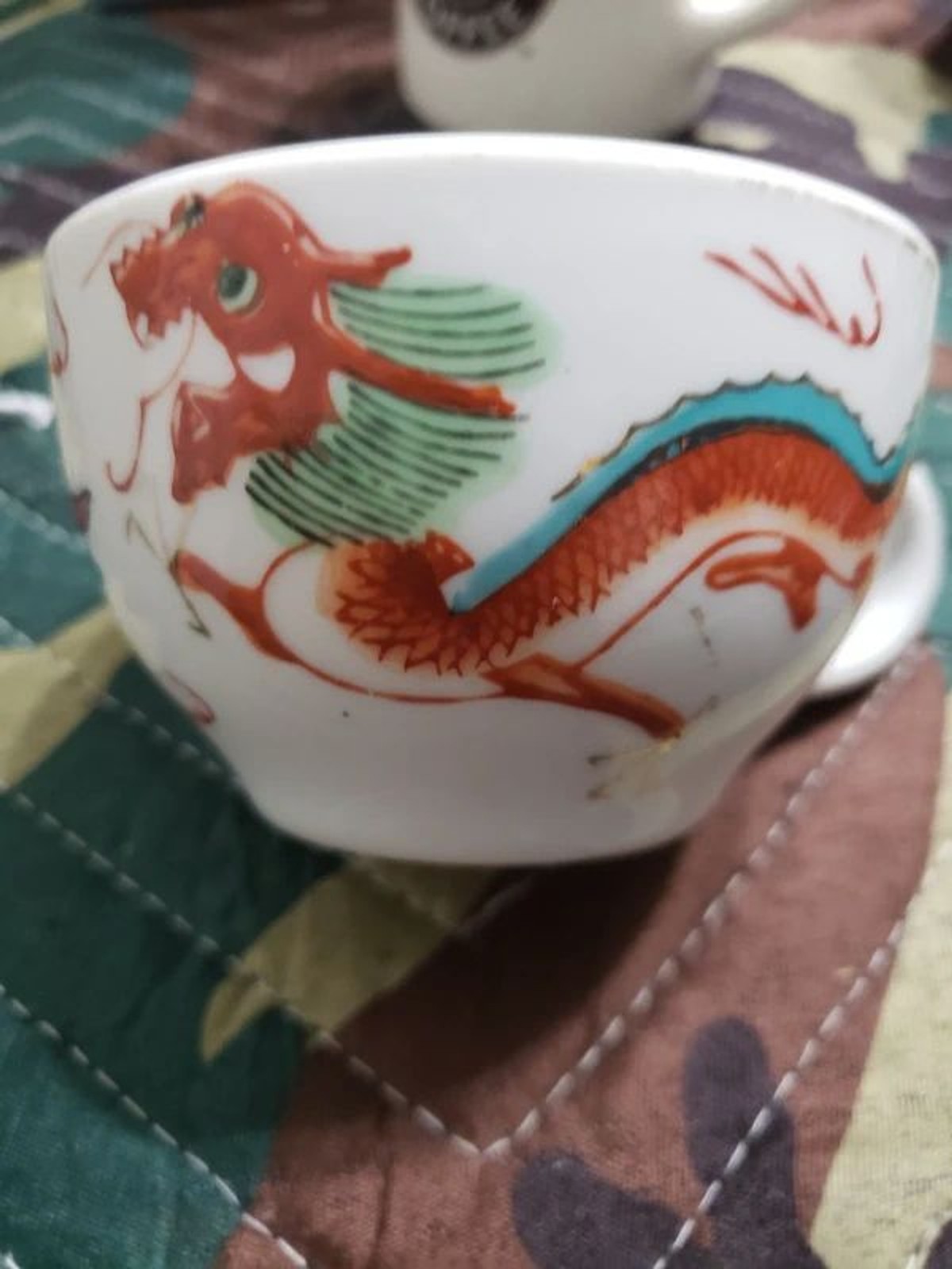 Vintage Chinese Porcelain Tea Cup / Small Bowl – Hand-Painted Red Dragon & Turqu