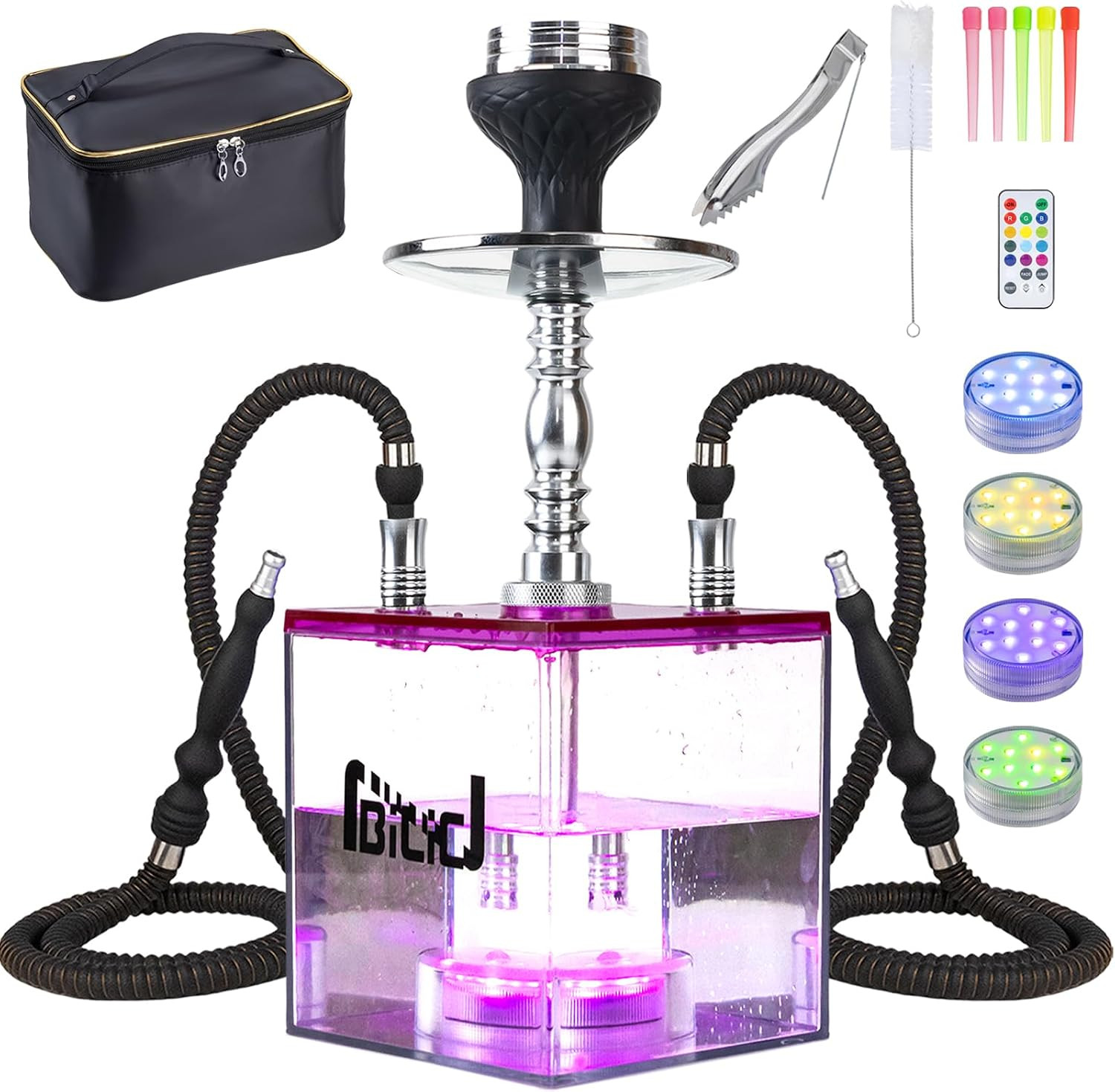16.7 Inch Pink Hookah Set 2‑Hose with LED Acrylic Base for Party 16.7 Inch Pink Hookah Set 2‑Hose with LED Acrylic Base for Party