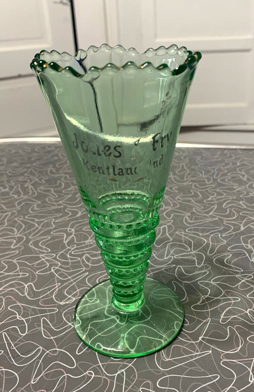 Antique Green depression glass souvenir vase Jones & Fry advertising Kentland IN