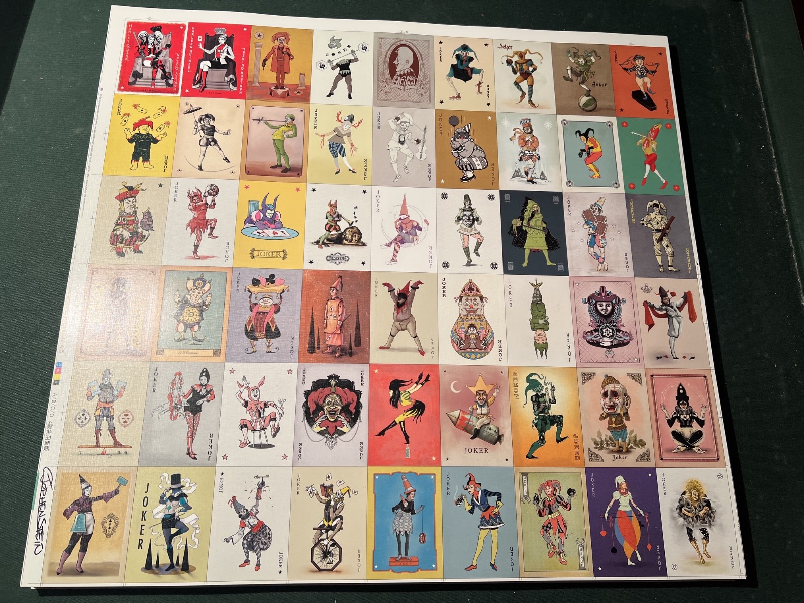 Rare Uncut Joker Card Sheet – 52 Unique Jokers +2 Harleys (artist signed)