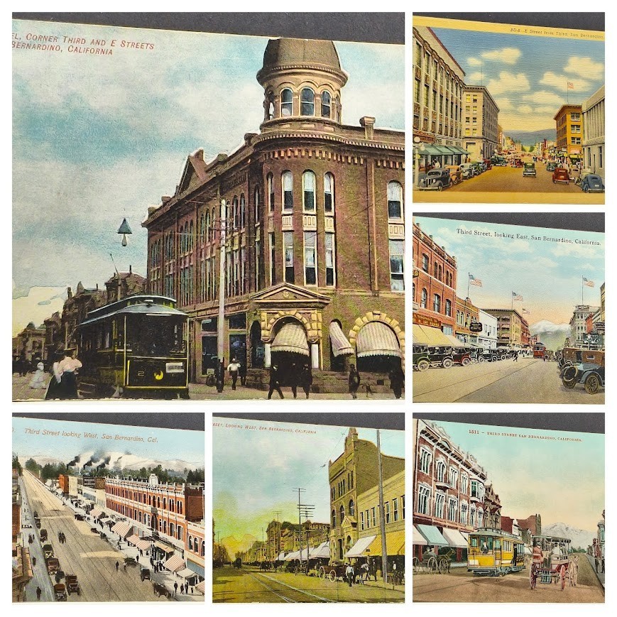 6 Vintage POSTCARDS ~ street scenes, Stewart Hotel in San Bernardino, CALIFORNIA