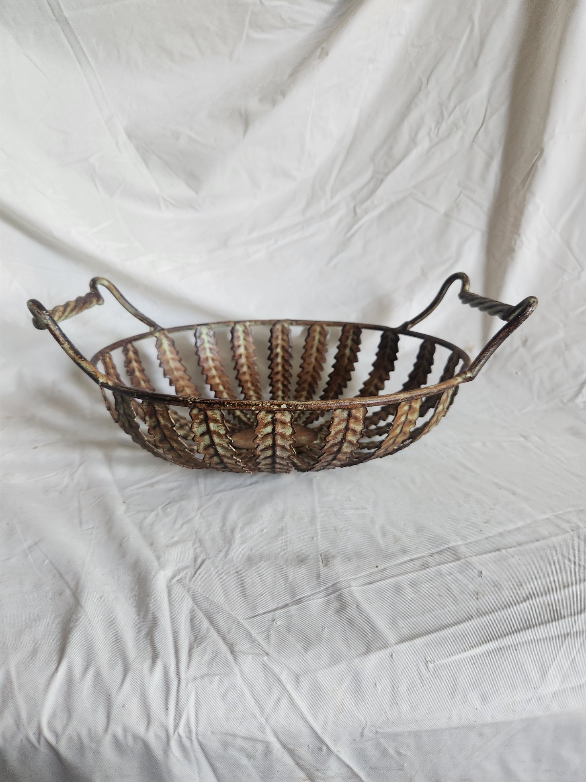 Vintage Wrought Iron Metal Bowl with Fern-Leaf Pattern & Twisted Metal Handles