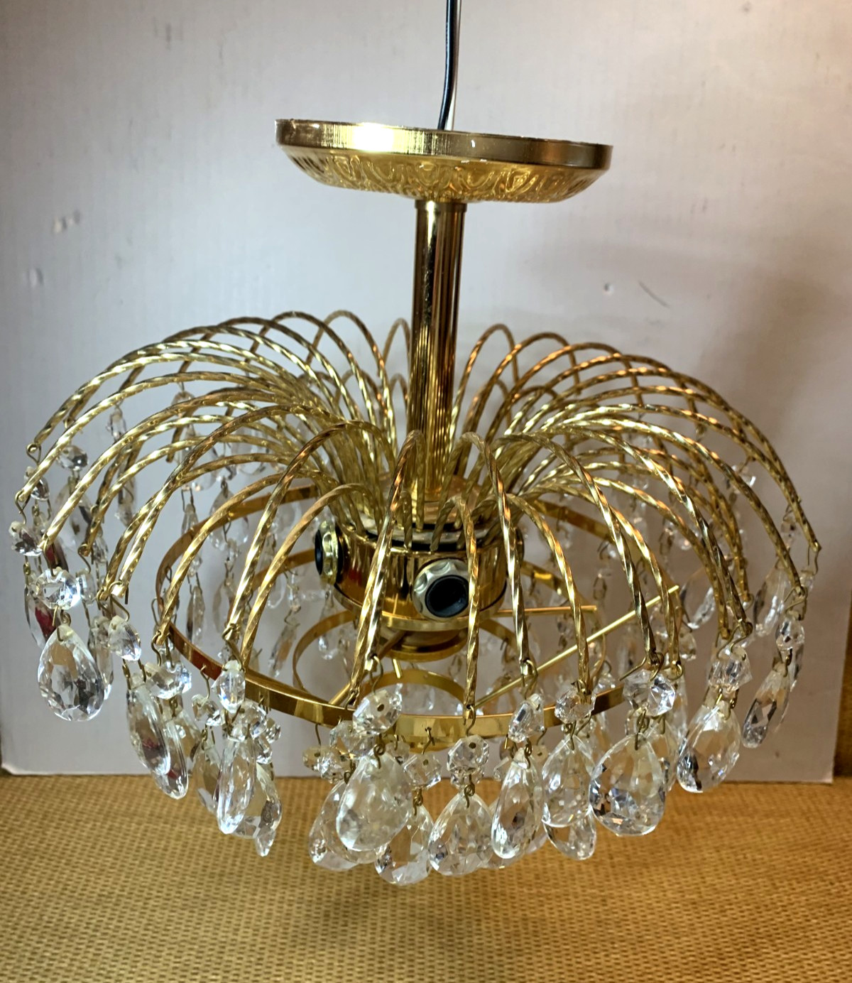 Vtg 70s Gold Brass Crystal Waterfall Chandelier Luminaire MCM Ceiling Light READ