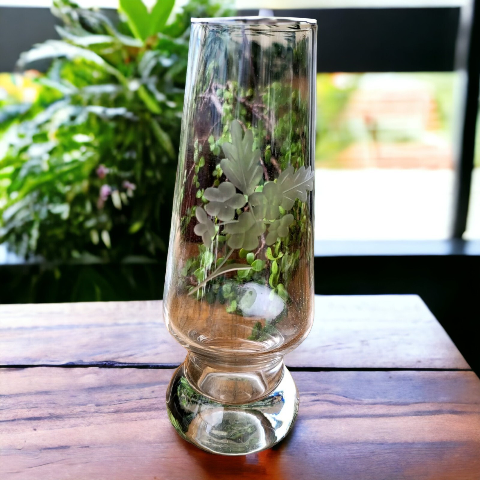 Vintage Bohemian Czech Crystal Vase Etched Floral Clear 8.5\