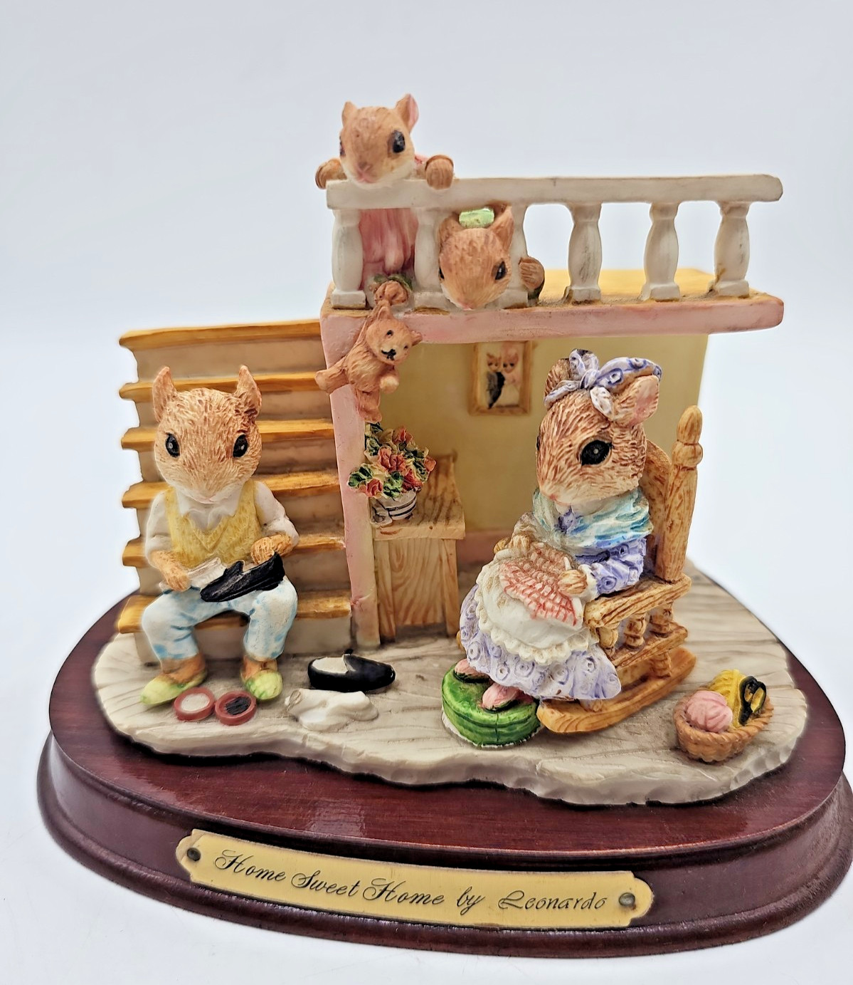 Little Nook Village Home Sweet Home Mouse Family by Leonardo Vintage Wood Base