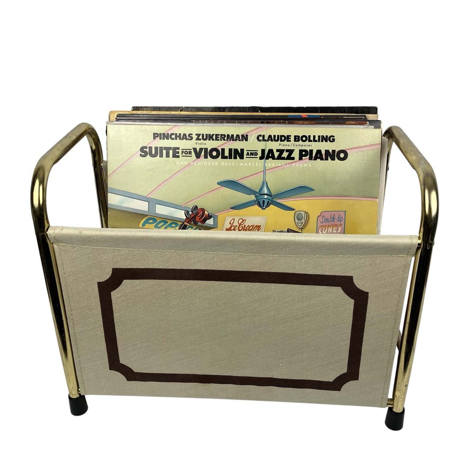 Vintage 1960’s MCM Atomic Brass Gold Canvas Record Holder Magazine Rack