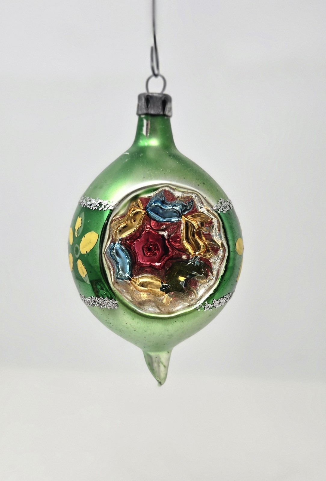 Vintage Glass Christmas Ornament Green Indent Reflector Hand Painted 3