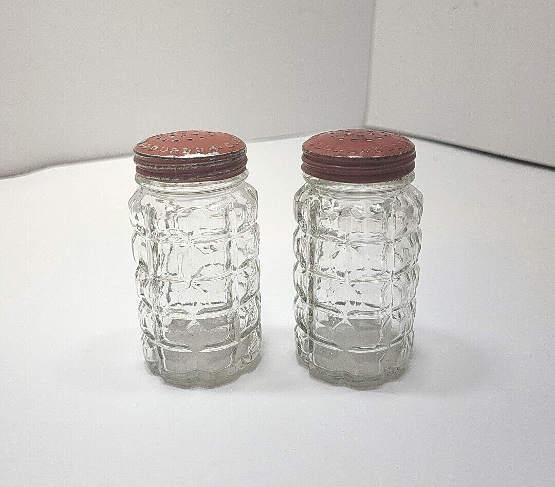 Vintage Clear Glass Waffle Pattern Salt and Pepper Shakers w/ Original Red Caps
