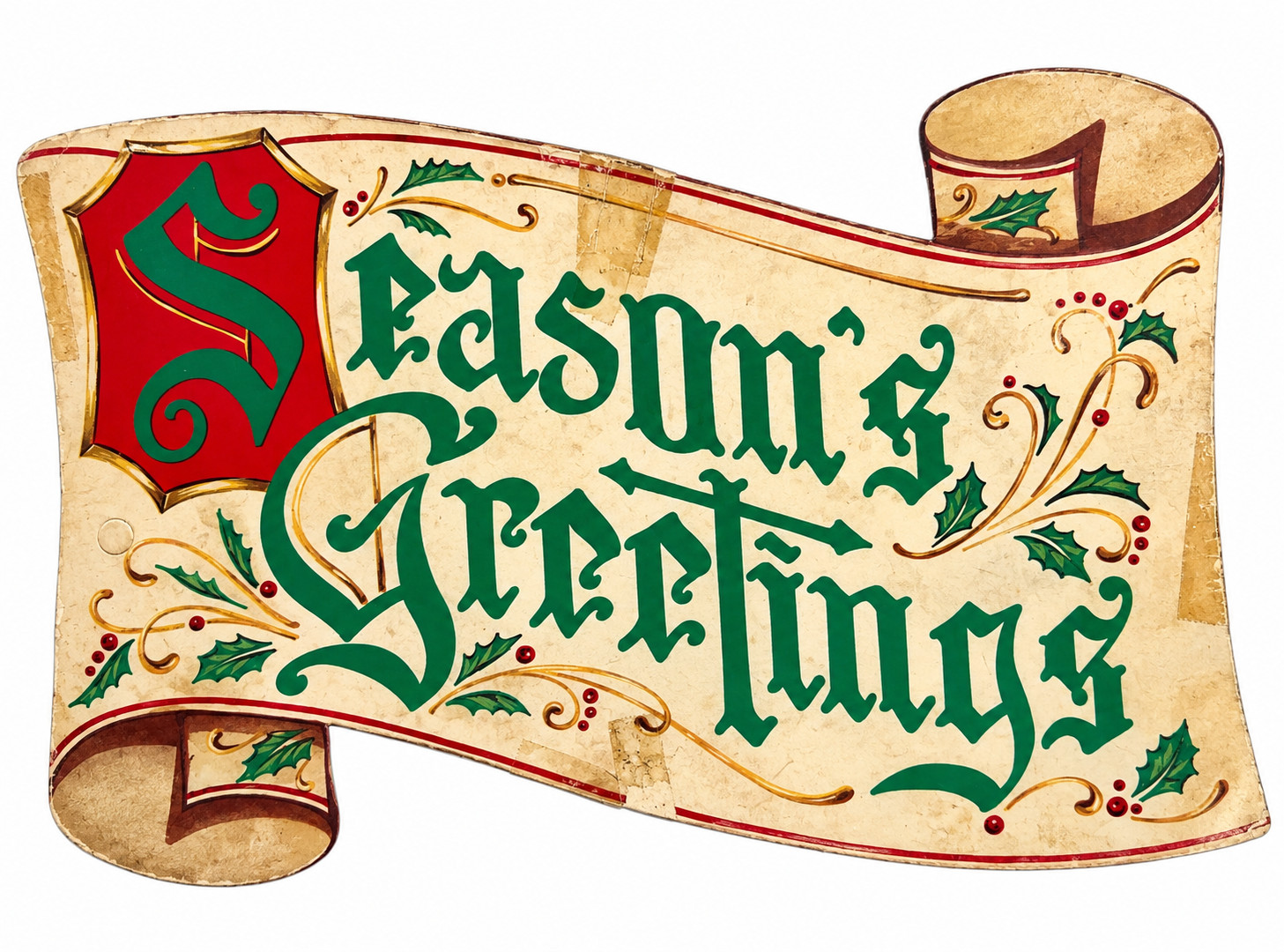 Season\'s Greetings Holiday Old World Scroll Paper Die Cut Sign Wall Decoration