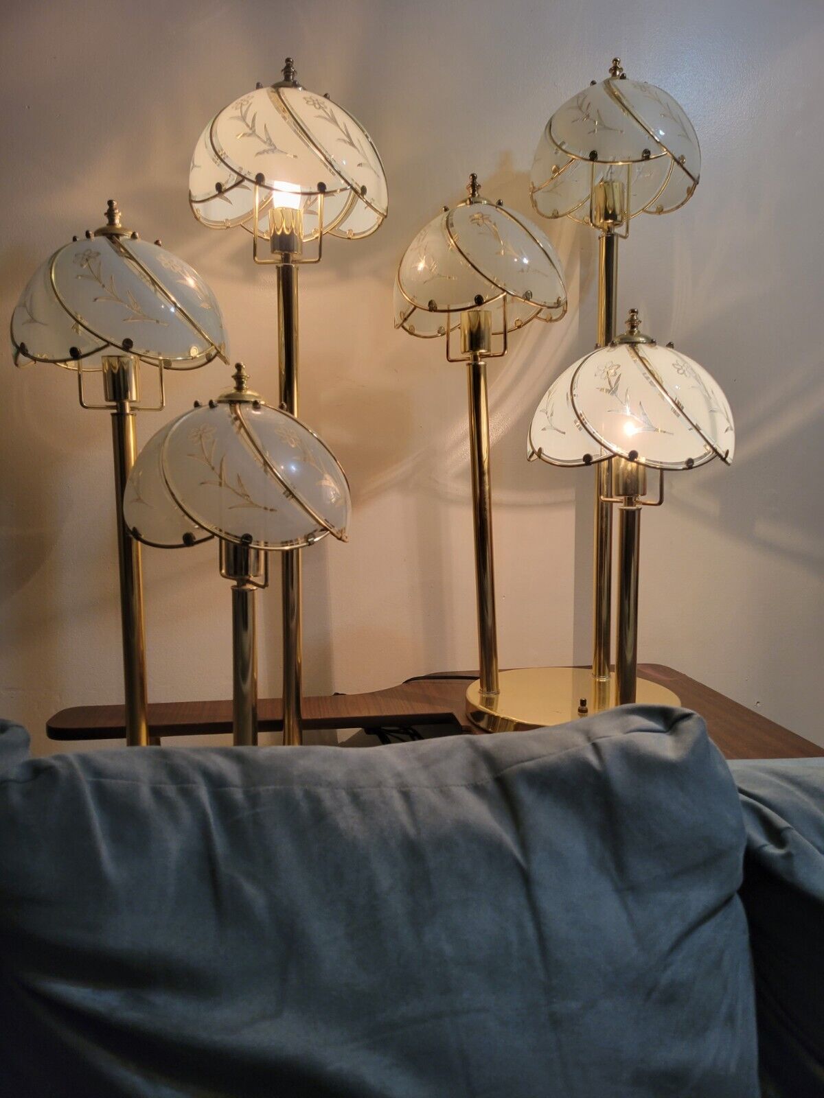 3 Way Vintage Lamp Pair Gold Plated Floral Leaf Frosted Glass Shades