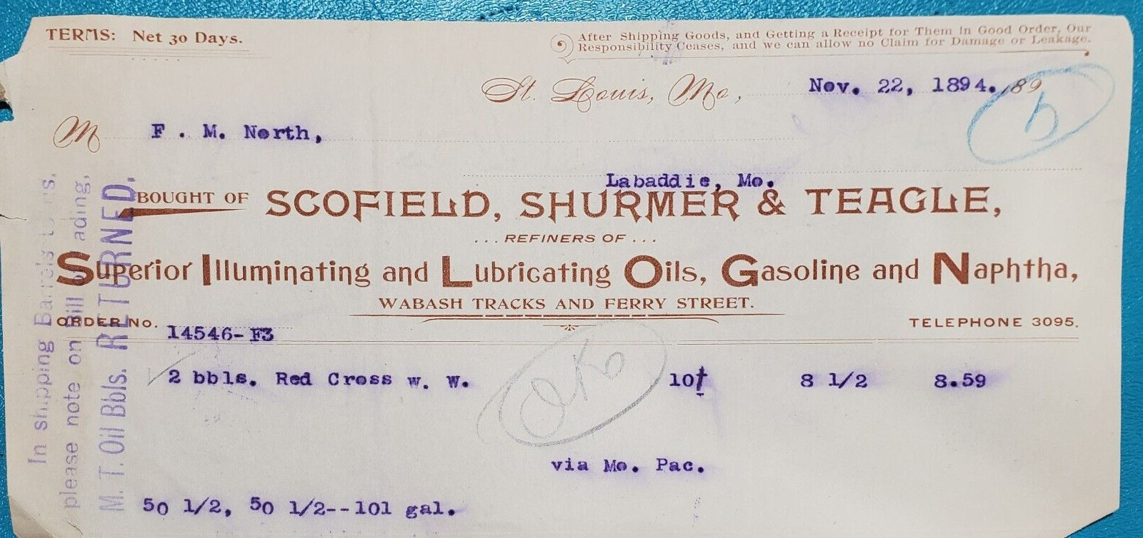 Antique Vintage Letterhead Billhead SCOFIELD SHURMER & TEAGLE OIL GAS 1894