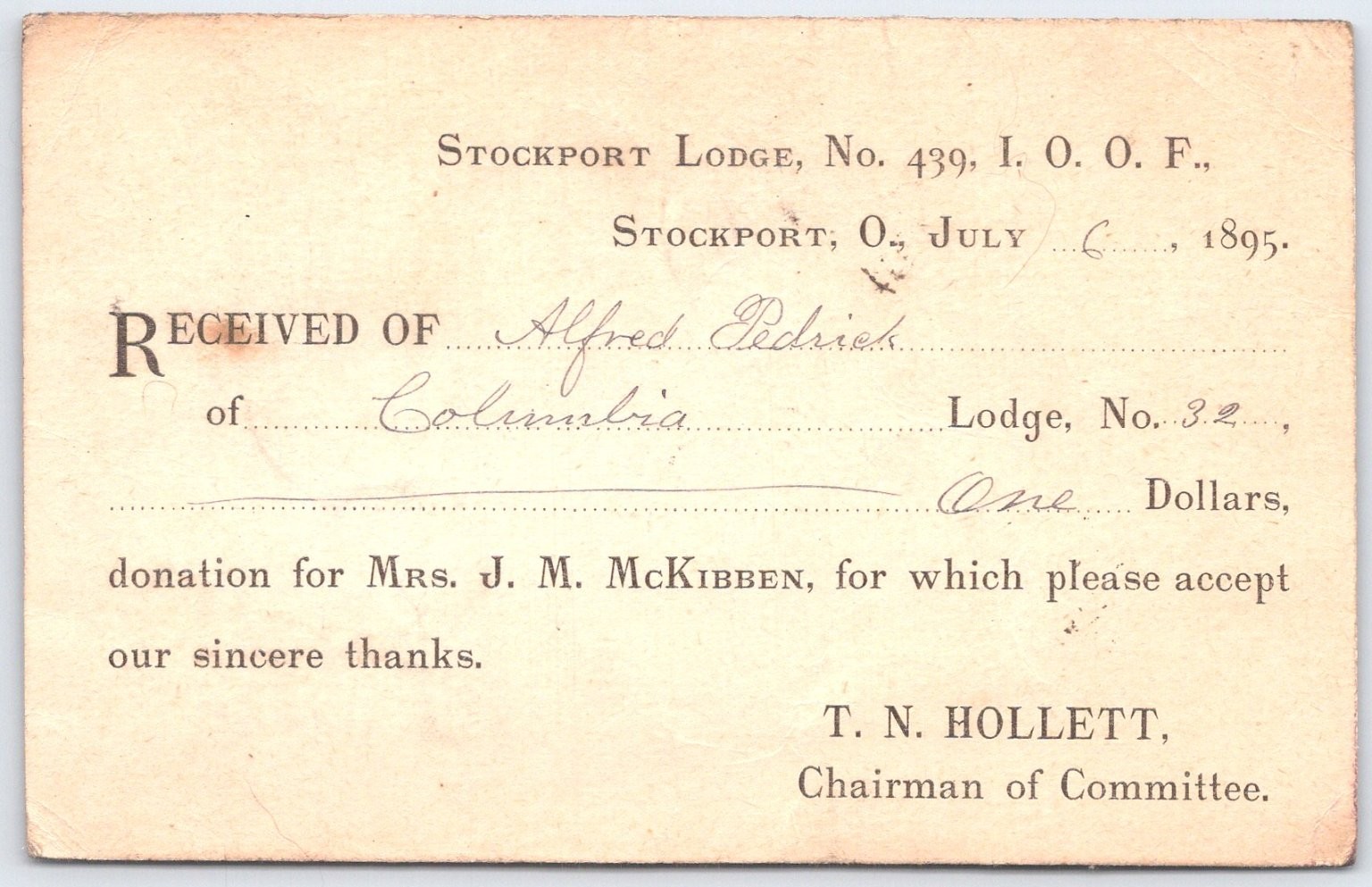 1895 Stockport OH IOOF Lodge Receipt Postal Card Alfred Pedrick Circleville 1895 Stockport OH IOOF Lodge Receipt Postal Card Alfred Pedrick Circleville