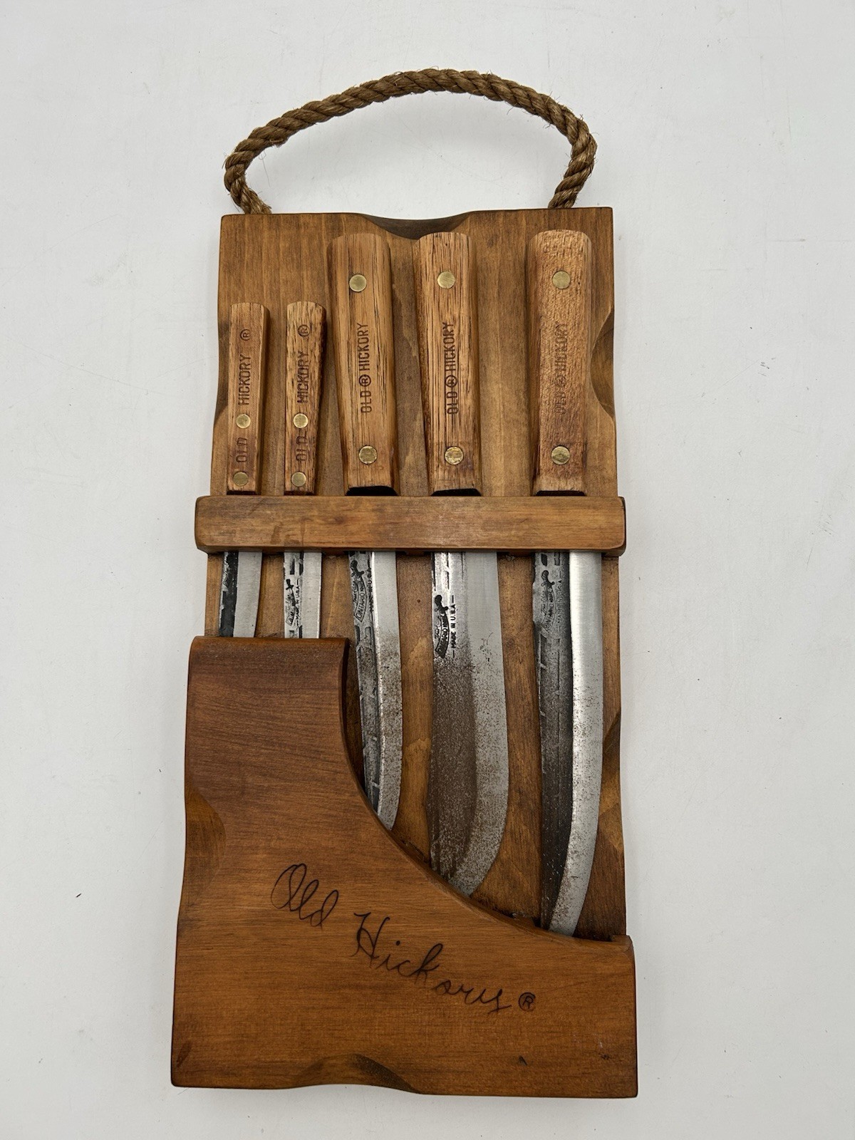 Old Hickory Ontario Tru Edge Carbon Steel Butcher Knife Set 5 Piece W/ Hang Rack