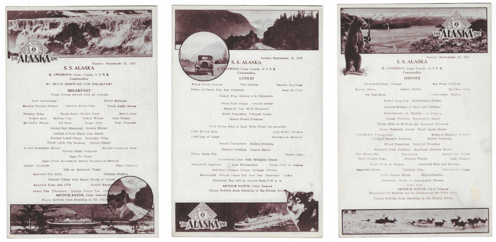 September 22, 1929 SS Alaska Menus Breakfast Lunch & Dinner Alaska Line September 22, 1929 SS Alaska Menus Breakfast Lunch & Dinner Alaska Line