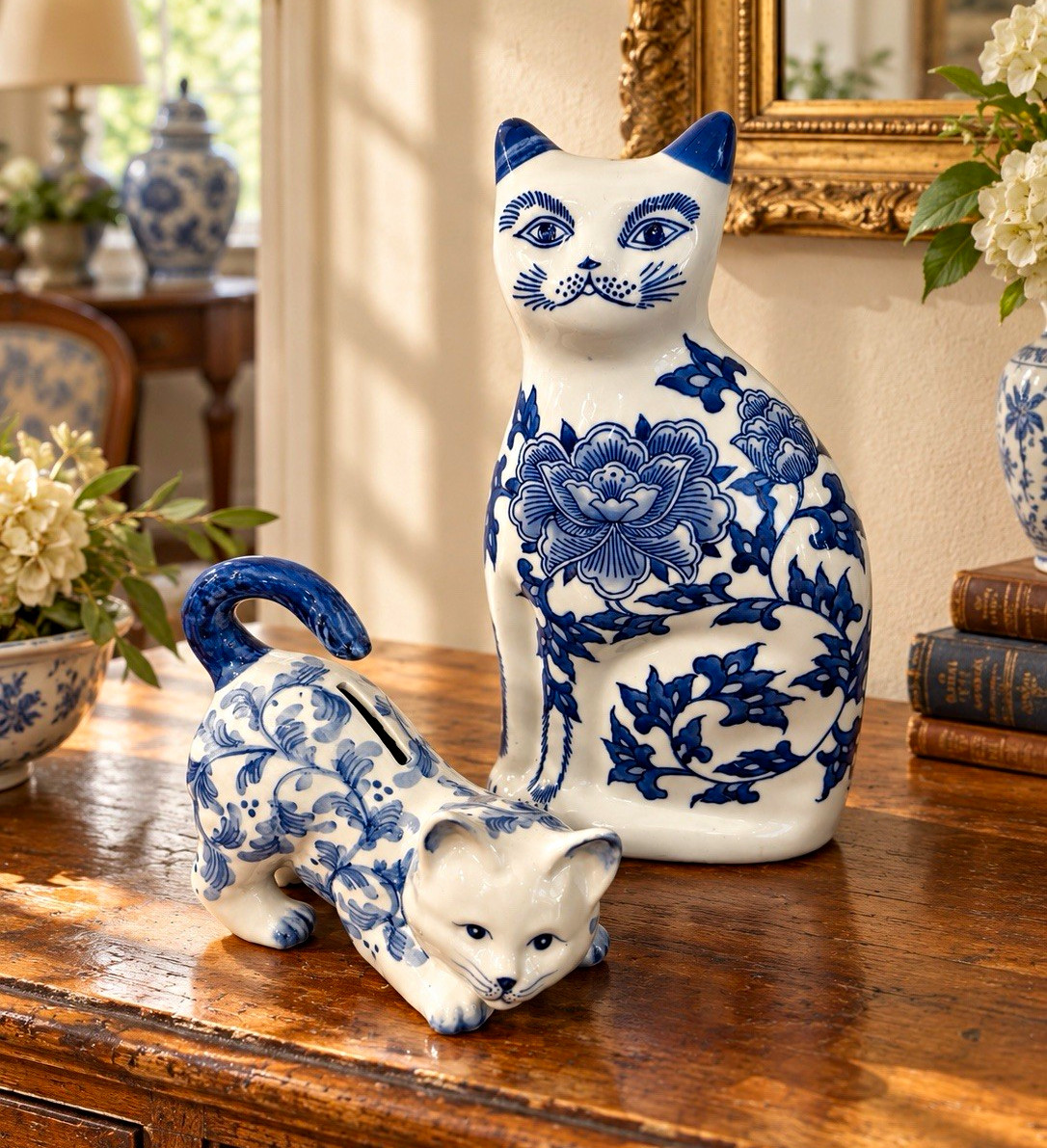 Vintage Blue & White Chinoiserie Porcelain Cats – Set of 2 Floral Cat Figurines Vintage Blue & White Chinoiserie Porcelain Cats – Set of 2 Floral Cat Figurines