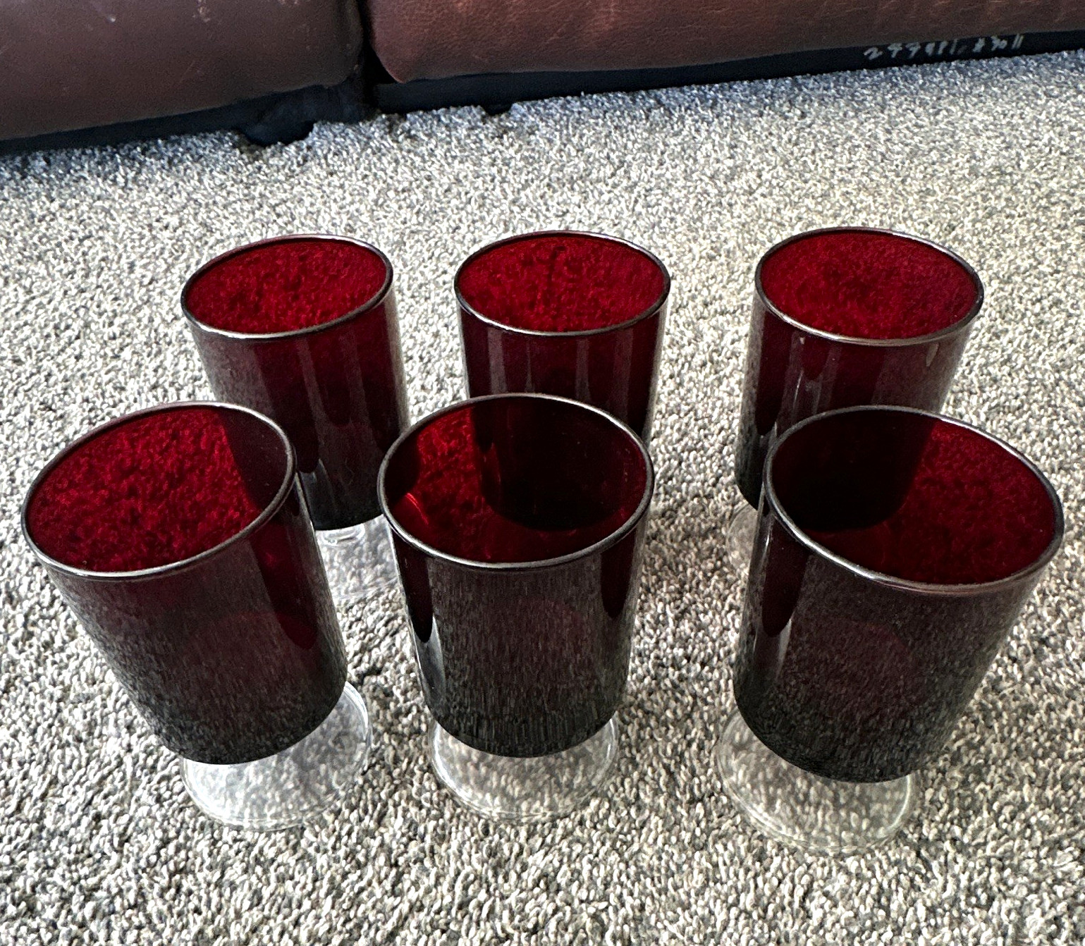 6-Piece Red & Clear Glass Stemmed Goblet Set, Vintage. Tapered Solid Color