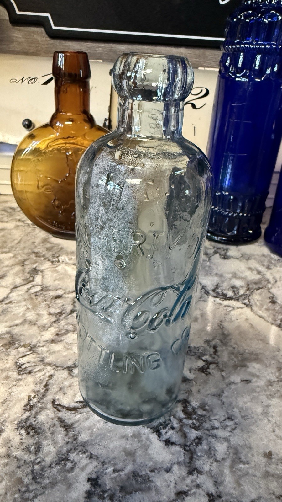 Vintage 1997 Coca-Cola Embossed Aqua Glass Soda Bottle 6 3/4” Reproduction