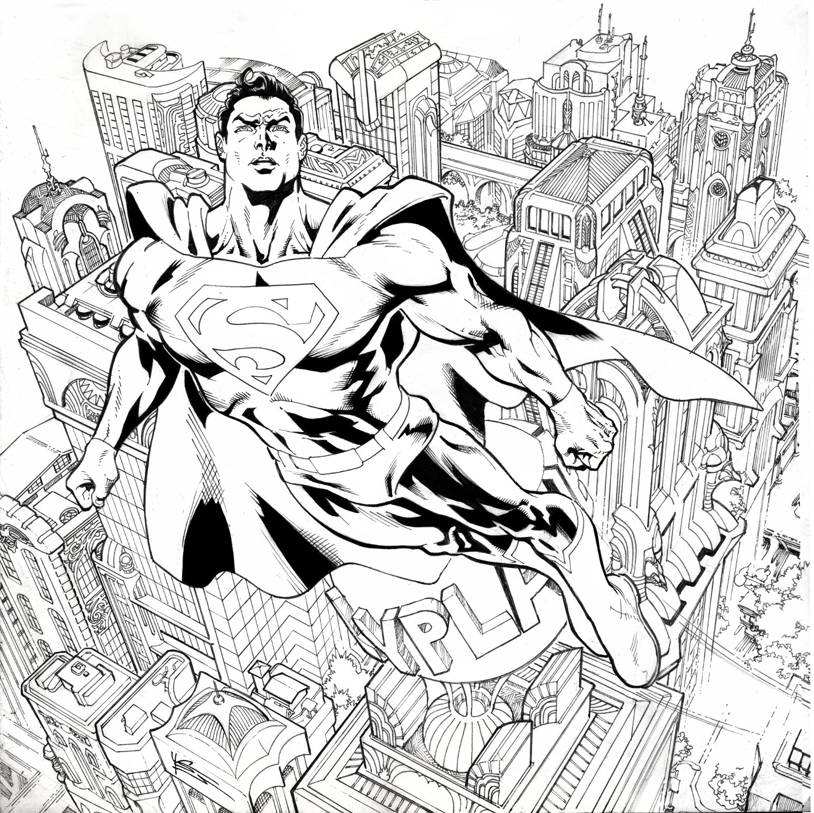 Original DC Superman in Metropolis Pen & Ink Yvel Guichet Art