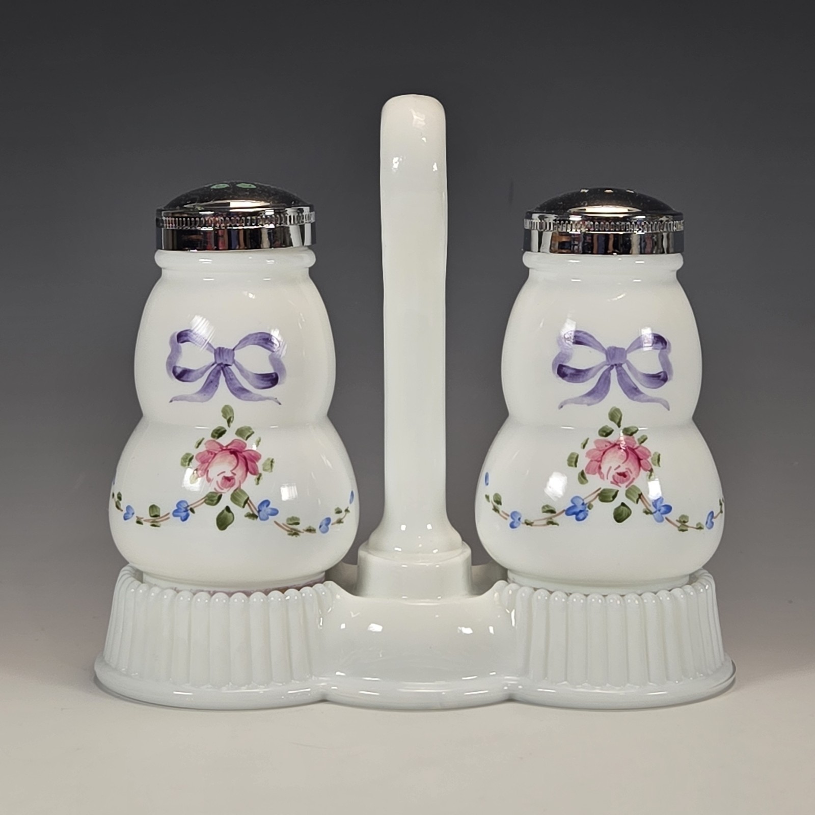 Westmoreland Roses and Bows Milk Glass Salt and Pepper Shakers with Caddy RARE