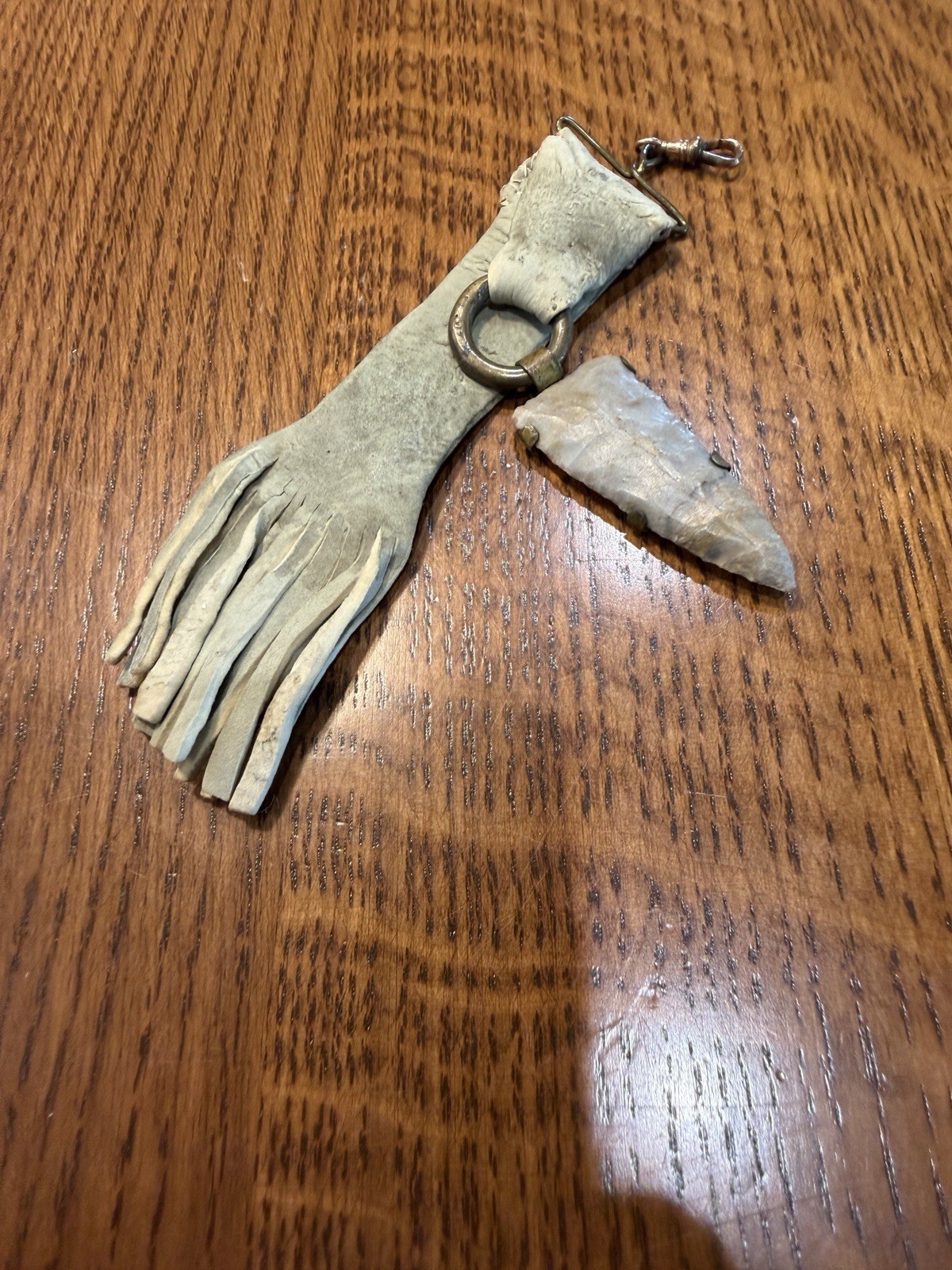Vintage Gillespie County Texas Stone Arrowhead Fob Leather Fringe
