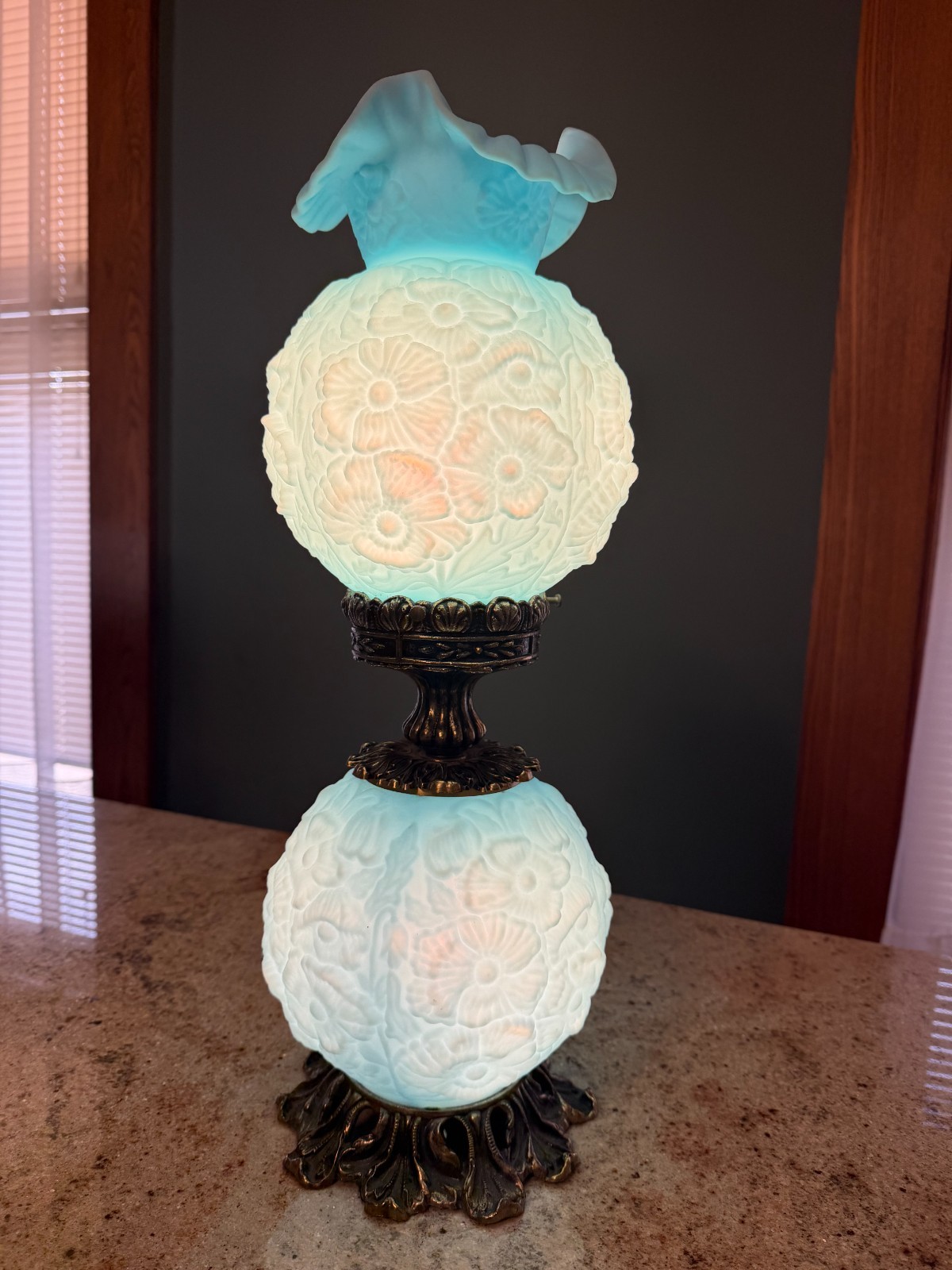 Vintage Fenton Blue Glass Poppy Gone with the Wind Lamp, 24in Tall MCM Ball Lamp