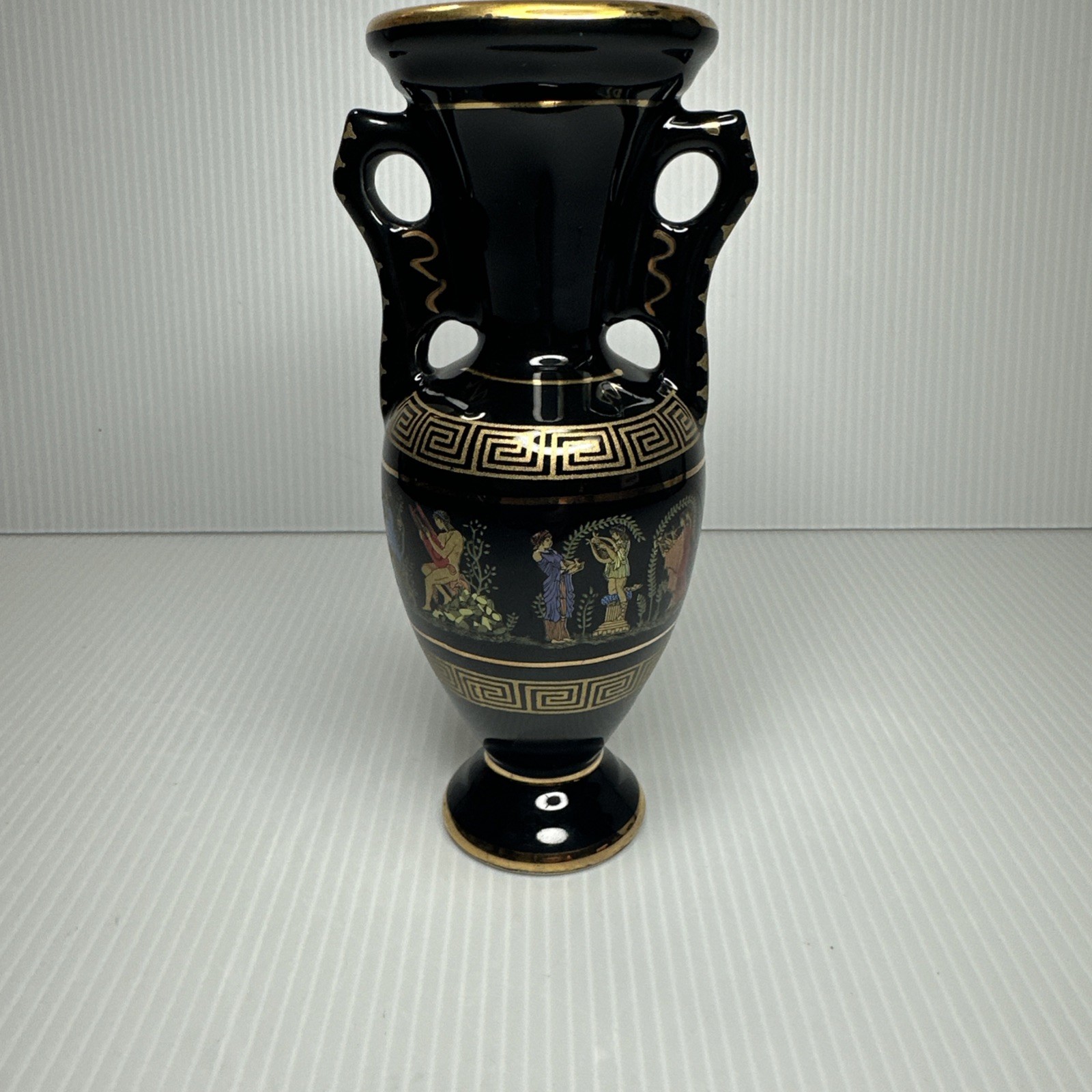 Vtg Adis Double Handled Vase 24K Gold And Black 6” Handmade In Greece