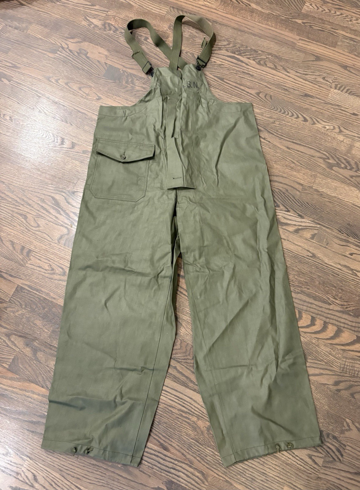 Vintage US Navy Deck Bib Overalls Olive Drab Waterproof Foul Weather USN, 1960s