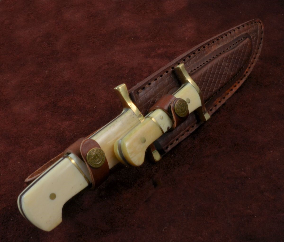Real Bone Handle Bowie 2 Knife Set New Full Tang Fixed Blade and Leather Sheath