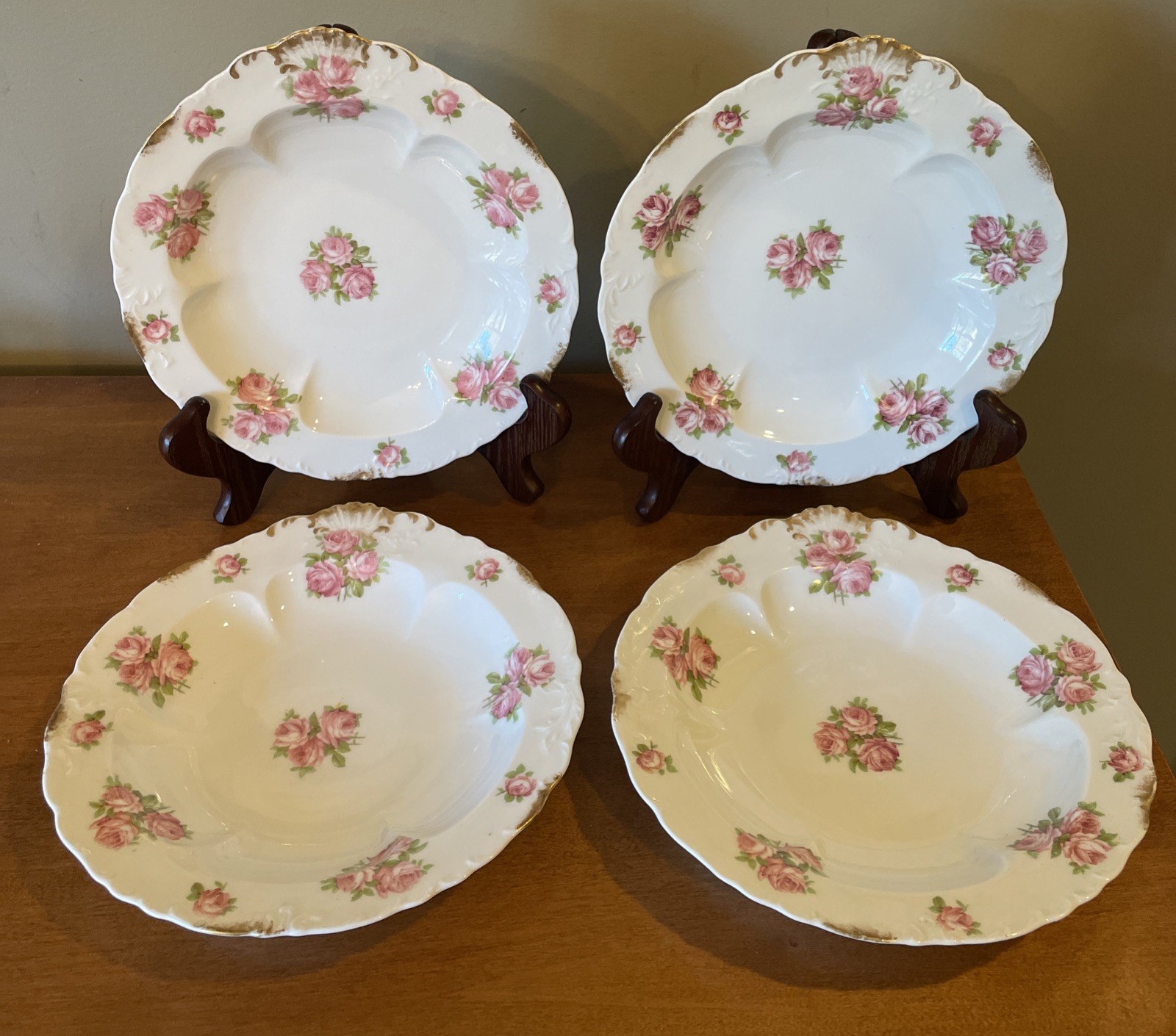 Antique Charles Ahrenfeldt Limoges 9” Shallow Bowls Pink Floral Gold Scalloped Antique Charles Ahrenfeldt Limoges 9” Shallow Bowls Pink Floral Gold Scalloped
