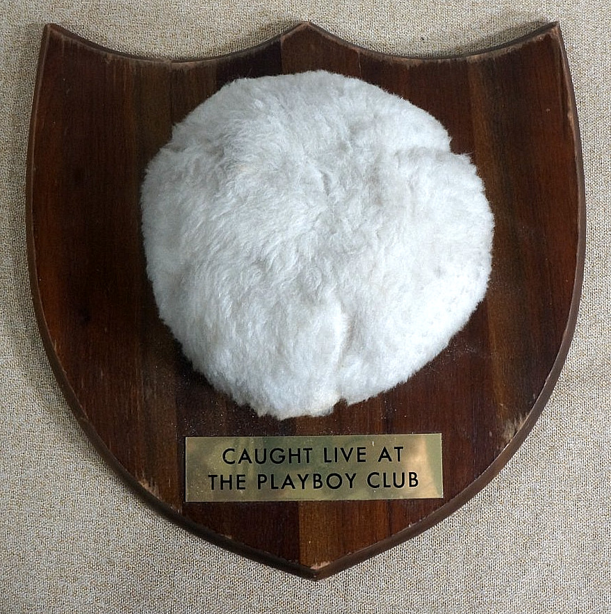 Vintage 1960s Playboy Club Bunny Tail Plaque Vermillion Walnut Caught Live Wood Vintage 1960s Playboy Club Bunny Tail Plaque Vermillion Walnut Caught Live Wood
