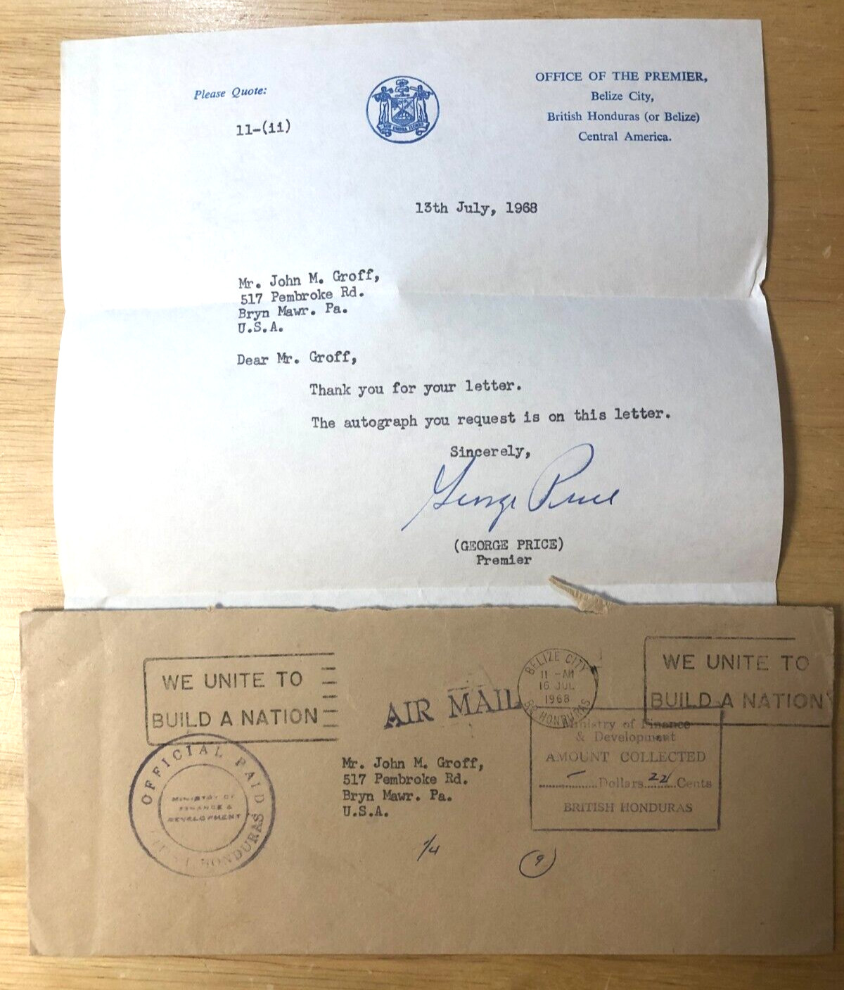 George Cadle Price - Prime Minister of Belize Signed Letter Dated July 13, 1968