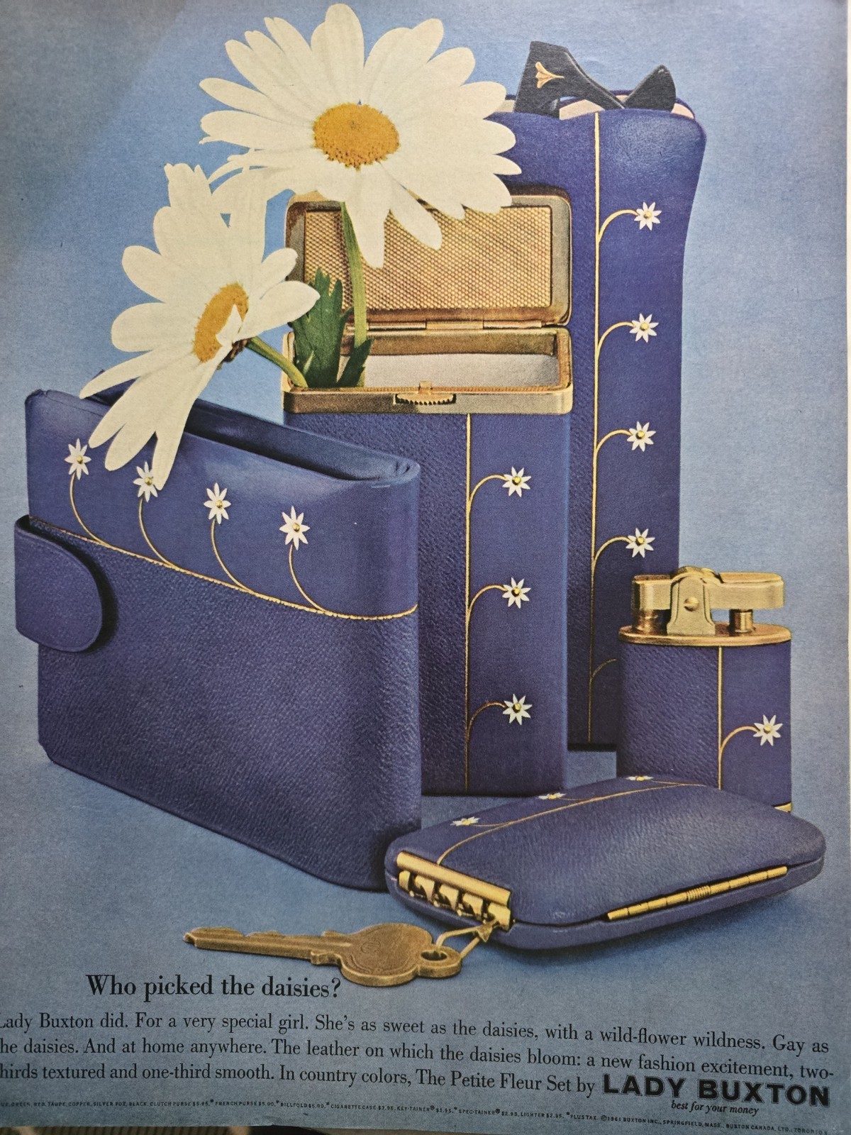 1961 Lady Buxton Blue Petite Fleur Set Daisy Wallet Lighter Eyeglass Case Ad