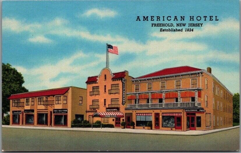 1950s Freehold, New Jersey Postcard AMERICAN HOTEL Street View / Curteich Chrome