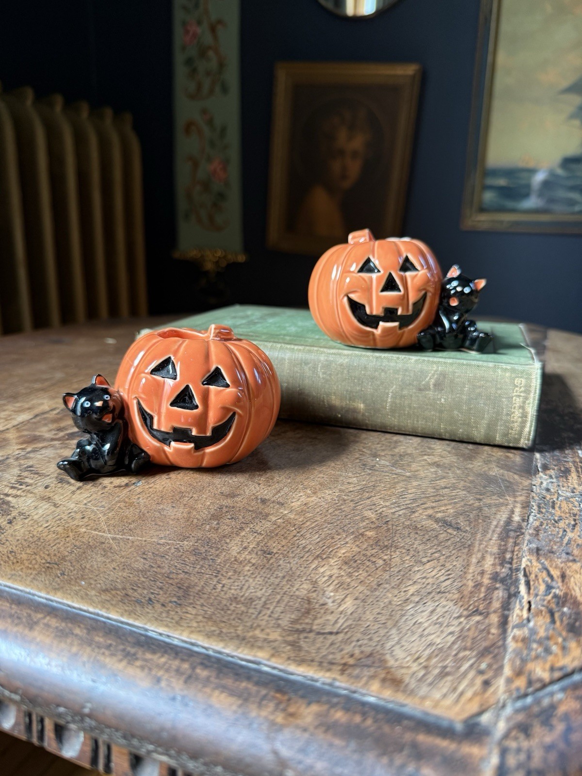 Vintage NORCREST Pumpkin Jack Black Cat Candle Holders Halloween PAIR