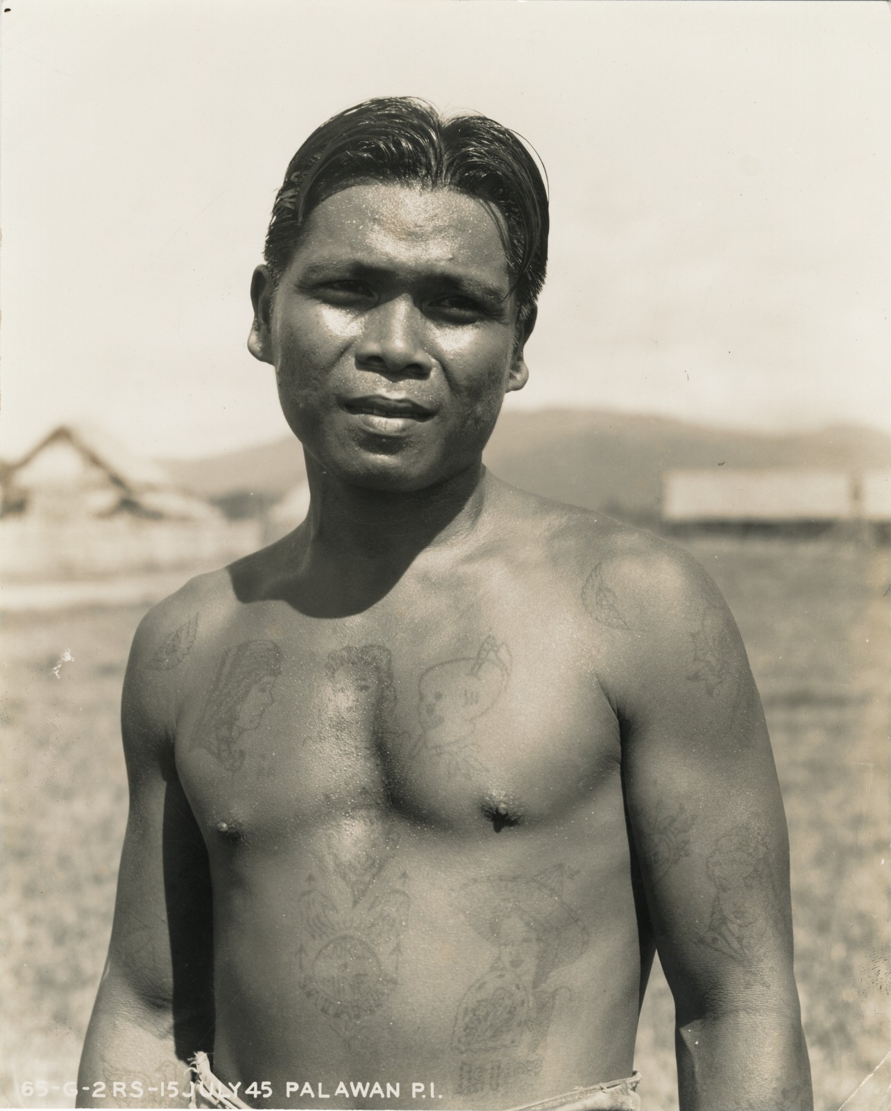 1945 Filipino Man with American Traditional Tattoos, Palawan, Philippines Photo 1945 Filipino Man with American Traditional Tattoos, Palawan, Philippines Photo