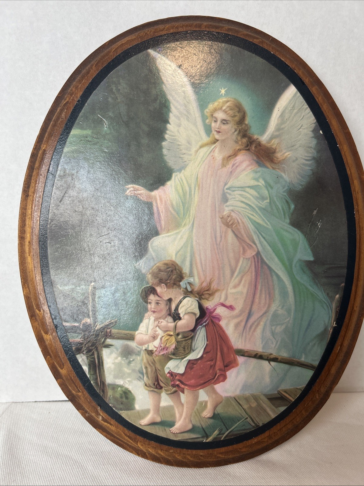 VTG Guardian Angel Children on Bridge Oval Wood Hanging Wall  Frame Plaque 9x11