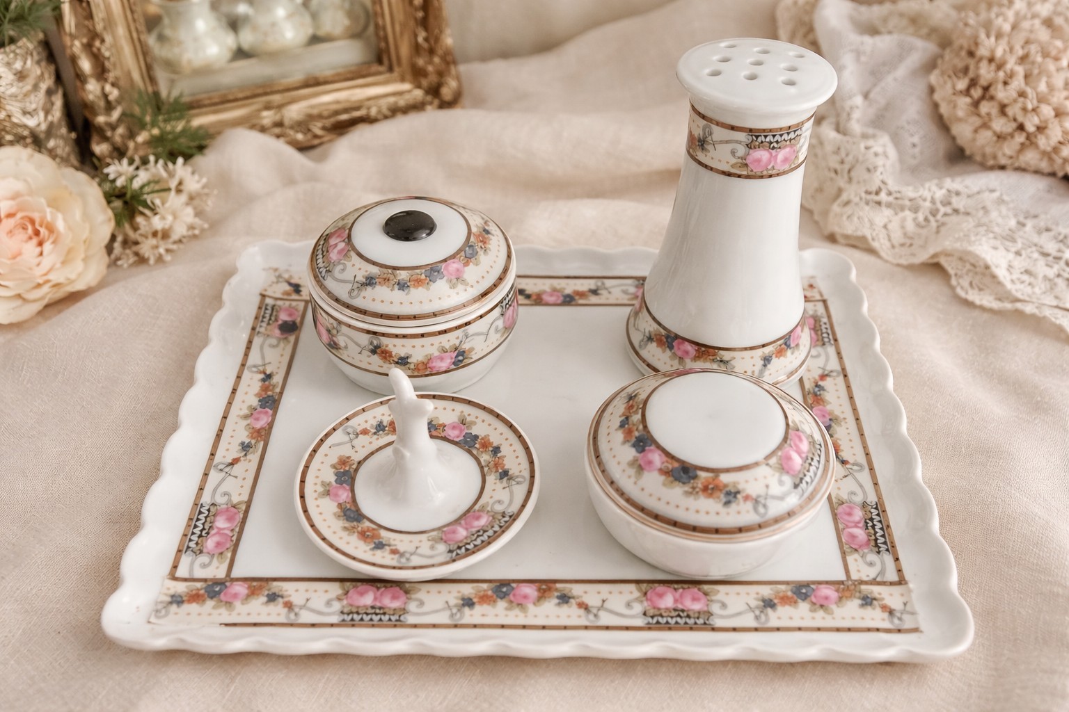 Vintage Victoria Czechoslovakia Porcelain Dresser Set Floral Vanity Set 5 Pc