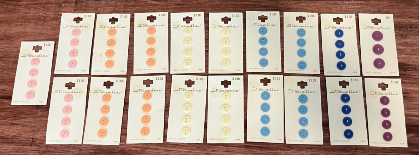 75 Vintage 2 Hole Streamline Buttons, 19 card Lot, Pastel PINK CREAM BLUE PURPLE