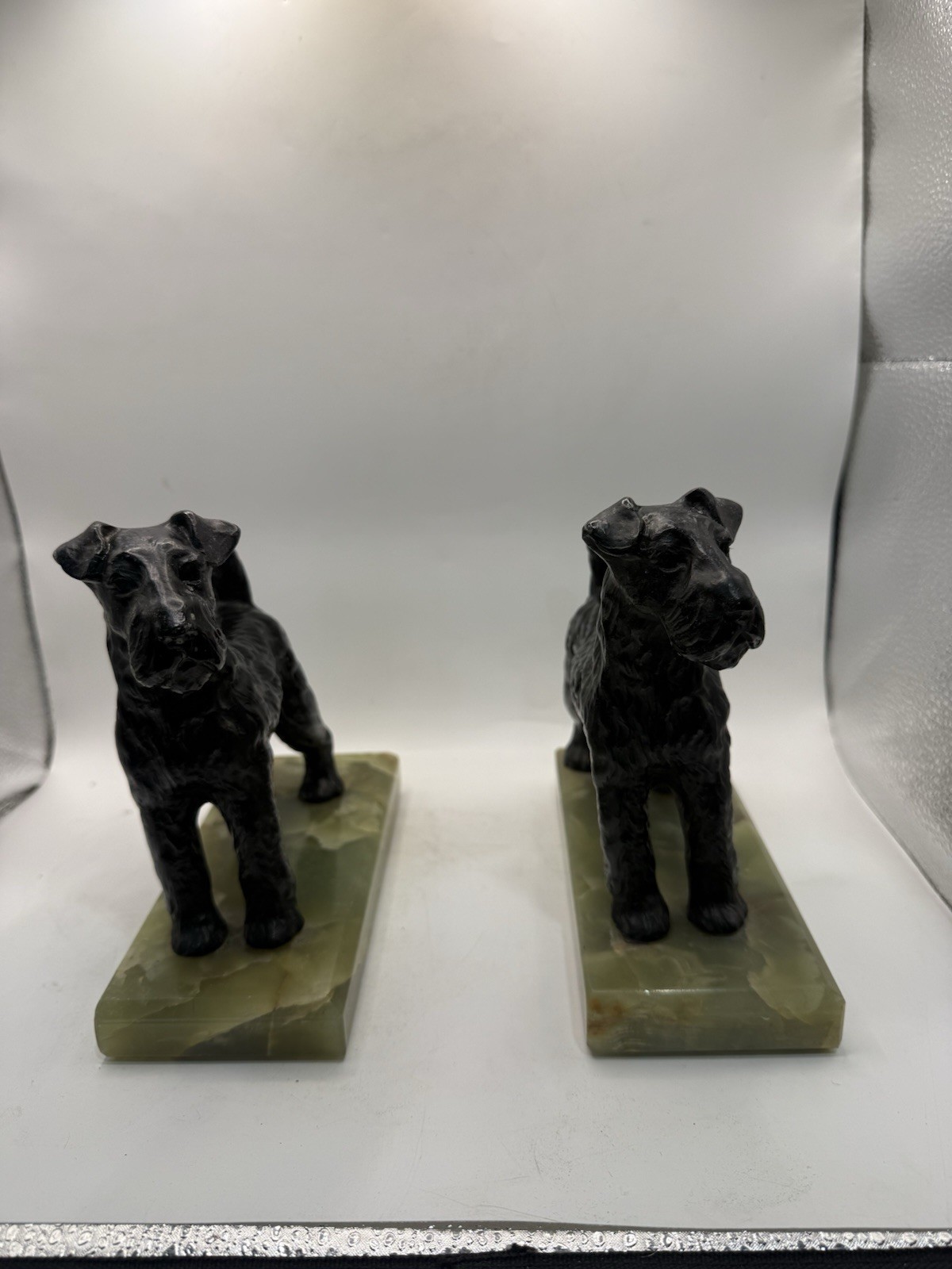 Vintage Art Deco Terrier Dog Bookends Cast Metal Green Onyx Bases 7” Pair *