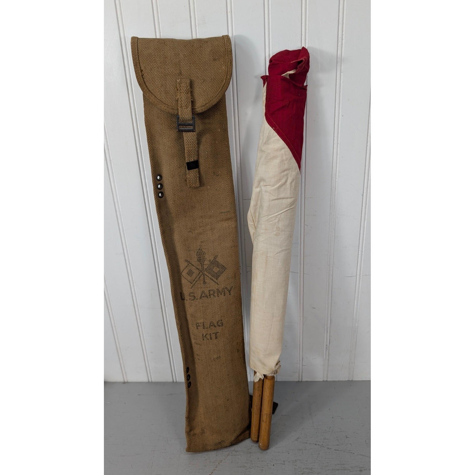 VTG WWI WW2 US Army Khaki Canvas Signal Corp Flag Kit Set Case Bag Leather Ties