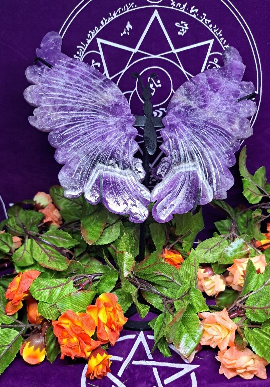 Stunning Big Dream Amethyst Crystal hand carved Butterfly Wings + Free Stand