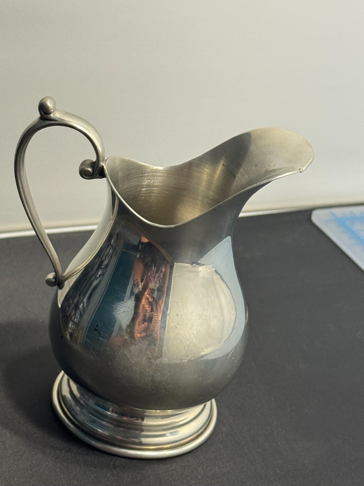 G-018 Vintage Kirk Pewter by Hanle Creamer Pitcher 5” Ornate Handle Colonial