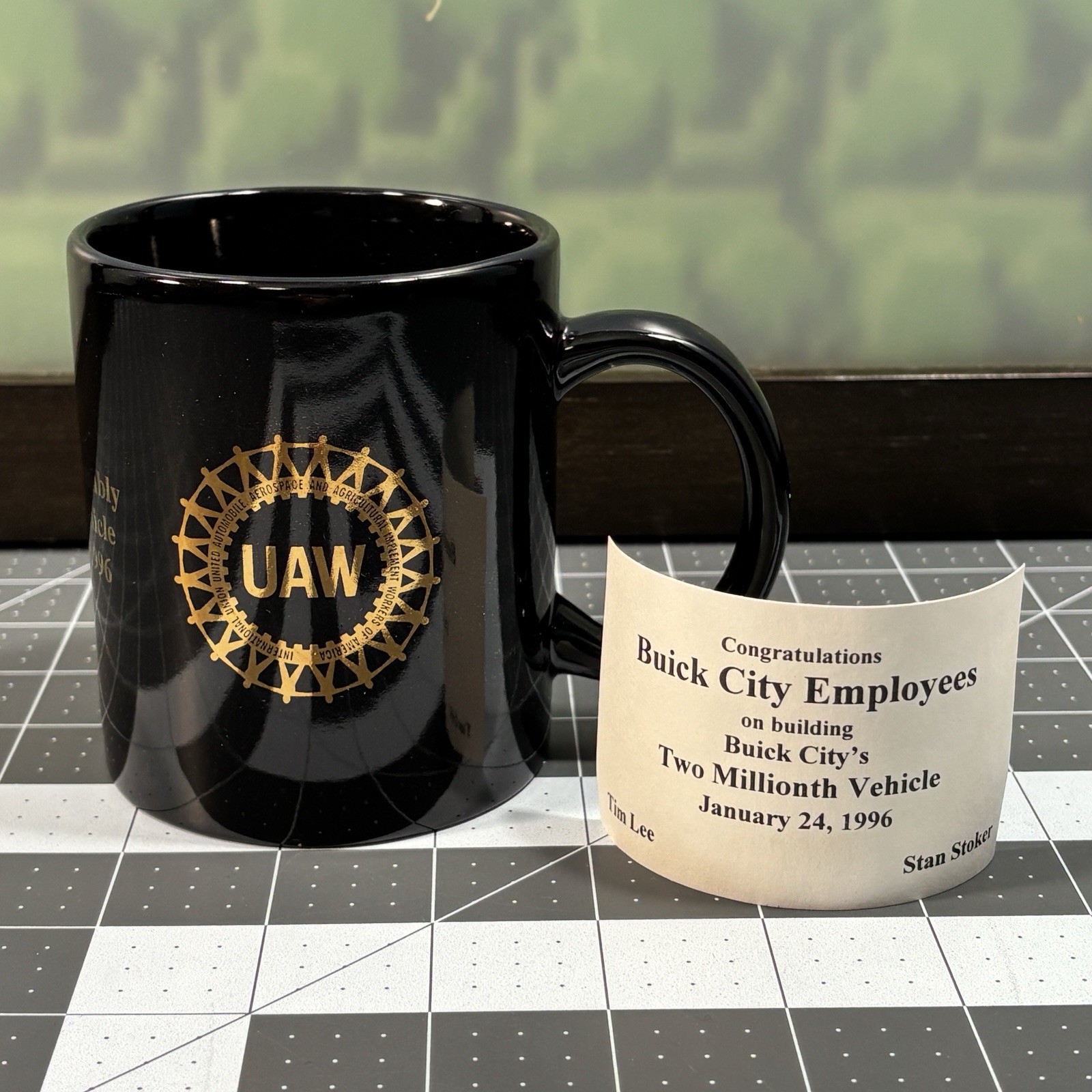 Vtg UAW Buick City United Auto Workers Black Mug 2 Millionth Car 1996 Flint MI