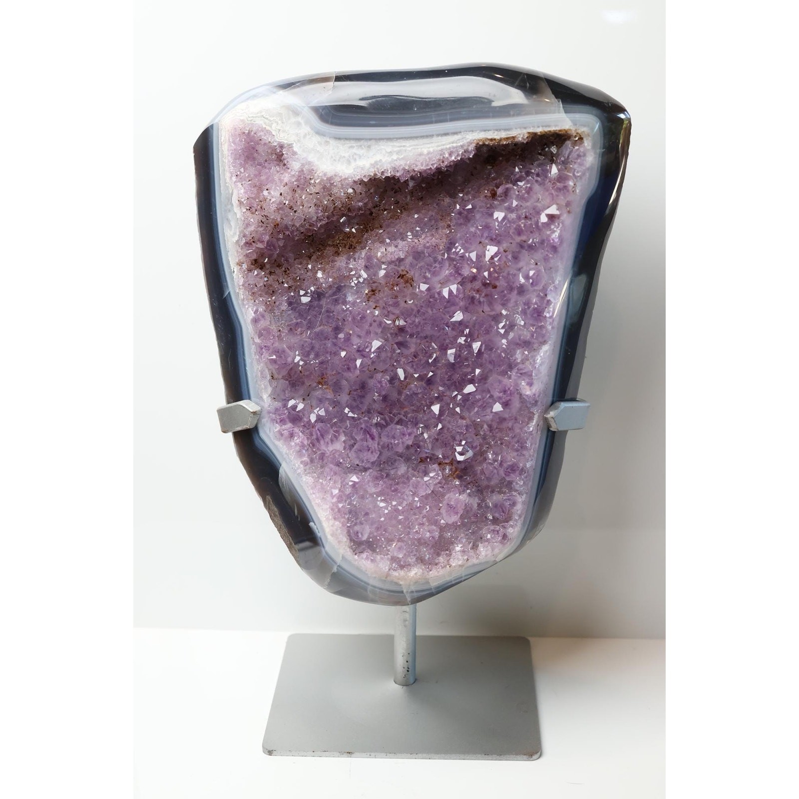 Large Brazilian Amethyst Geode Blue Banded Agate Druzy Crystal on Stand