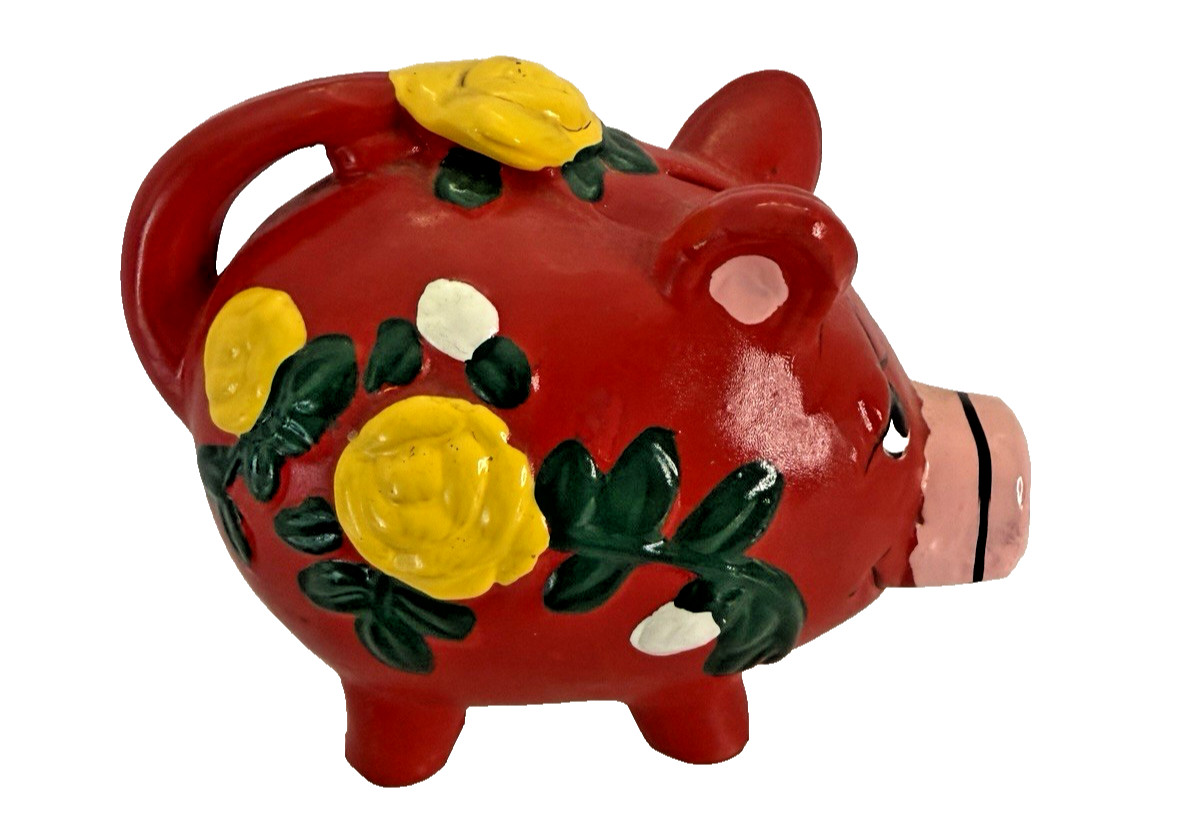 Vintage Piggy Bank - Large, Red with Yellow Flowers