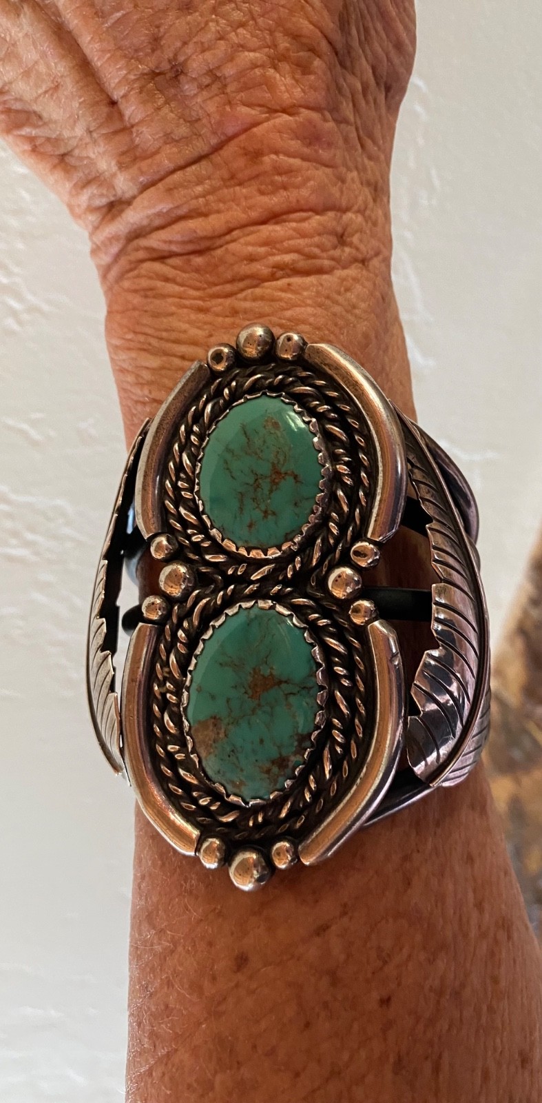 Large Old Pawn Bracelet Amazing Cerrillos Turquoise -1950\'s Large Old Pawn Bracelet Amazing Cerrillos Turquoise -1950\'s
